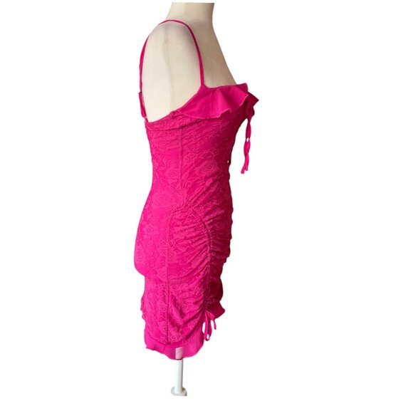 Outcast Hot Pink Lace Corset Mini Dress Ruched Y2K Barbiecore Party Club Dress S - Picture 3 of 13
